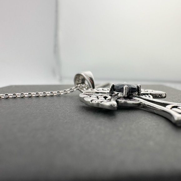 Bold Celtic Cross with Black Sapphire Center - Sterling Silver with 18" Chain - Picture 6 of 9